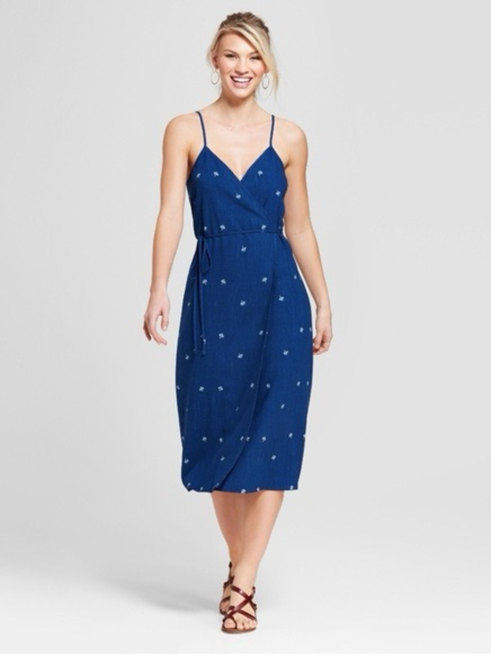 Universal Thread Blue Floral Linen Blend Wrap Midi Dress Tie Waist M Coastal